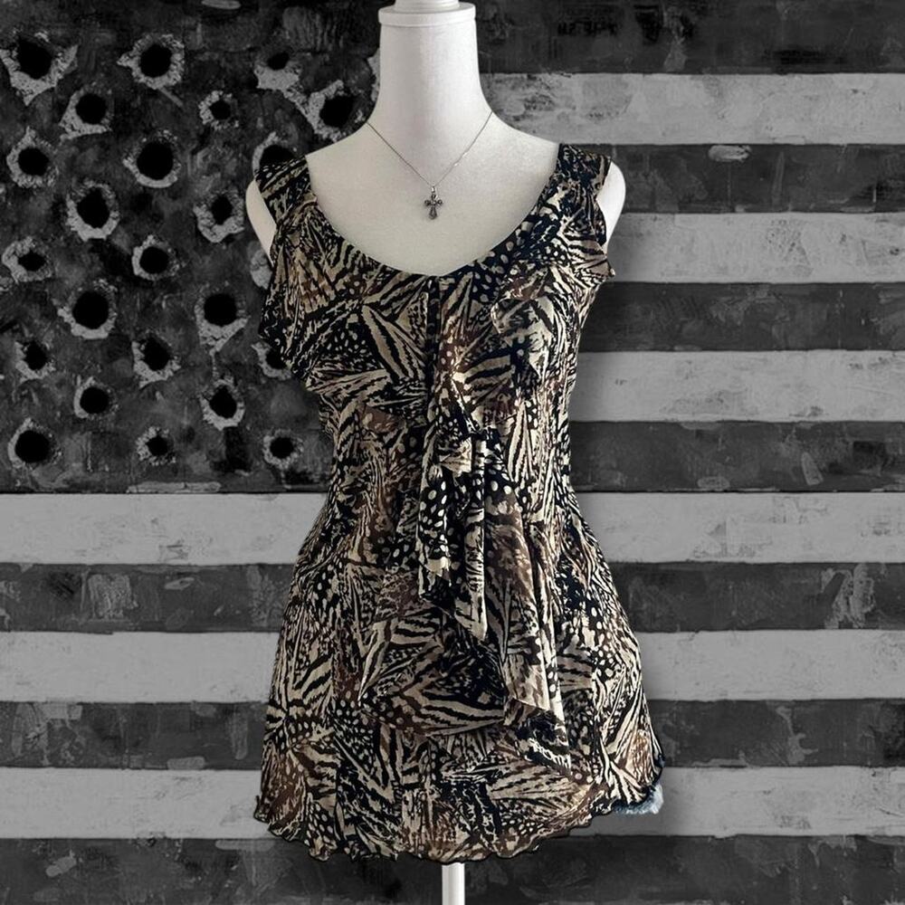 abstract safari leaf + animal-inspired print dark toned sleeveless glam top